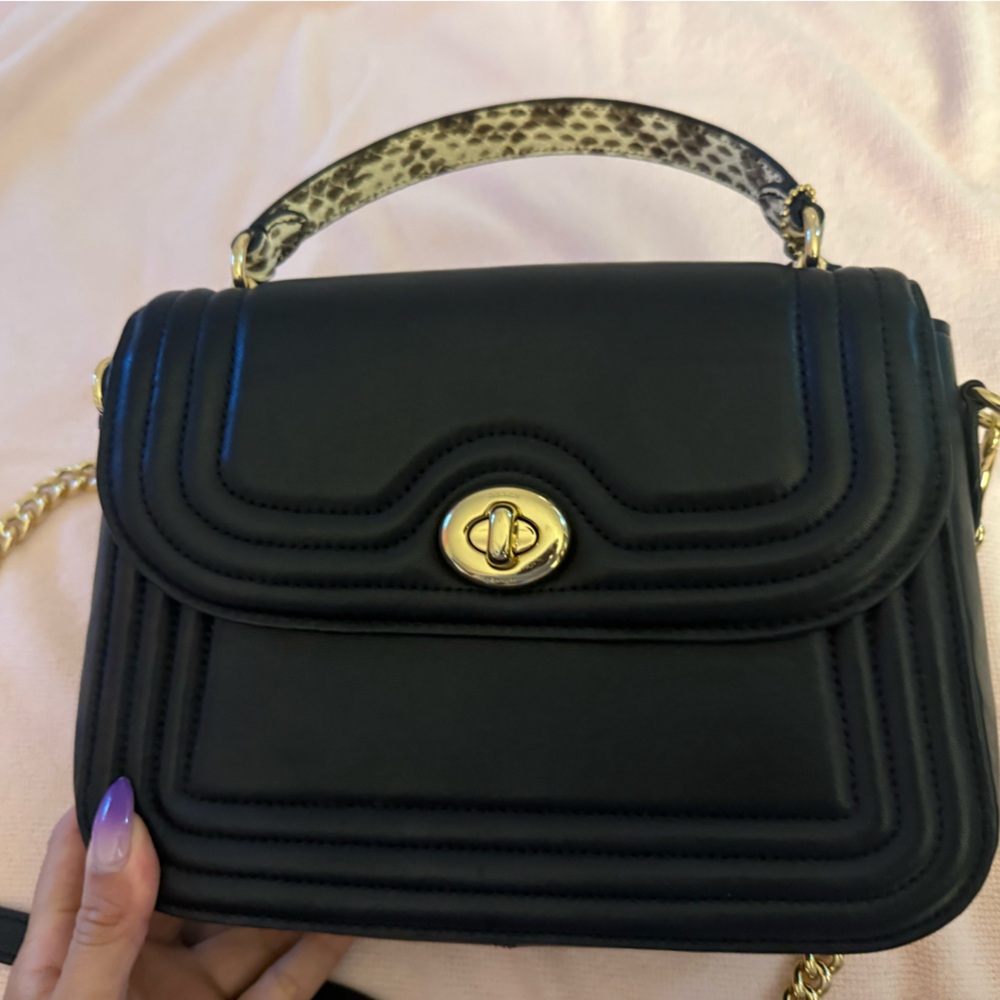 Coach Quilted Shoulder Bag with Animal-Print Top Handle and Gold Hardware